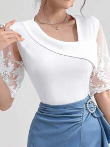Modelyn Ladies' Asymmetric Neckline Contrast Mesh Summer T-Shirt Graphic Tees Women Tops