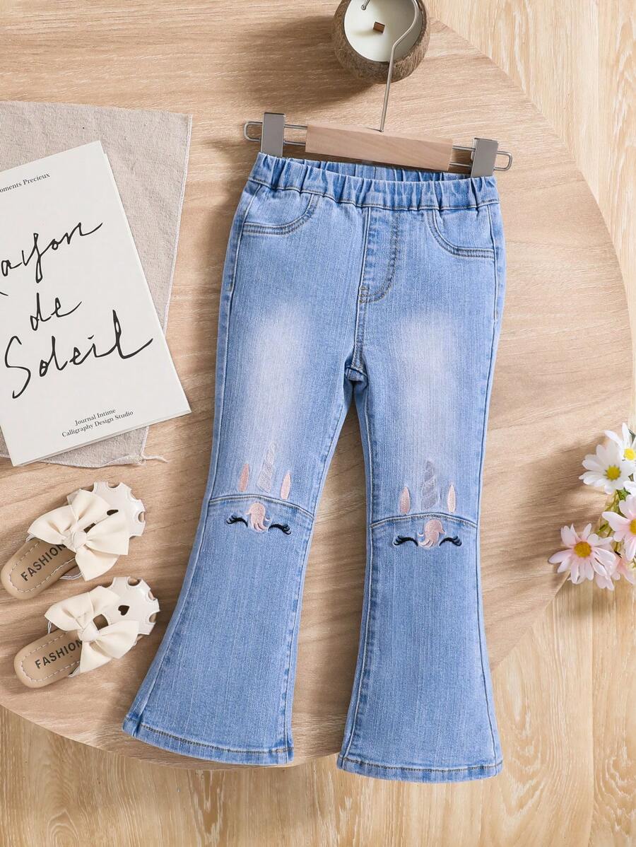 SHEIN Quần jean có độ đàn hồi cao cho cô gái trẻ có thêu hoa văn kỳ lân, đã giặt, quần ống loe thông thường - Rửa trung bình - Xem 1