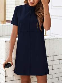 SHEIN LUNE Summer Ladies Stand Collar Smocked Sewing Side Dual Pocket Casual Comfortable Dress