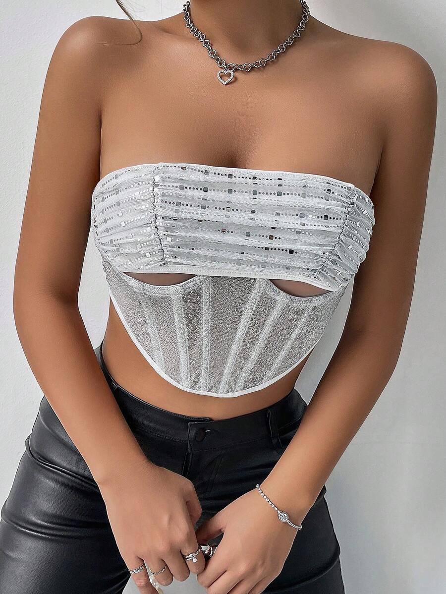 Zolique 女性夏季性感銀色熱印空心修身短款無肩帶上衣 - 銀色 - 查看 1