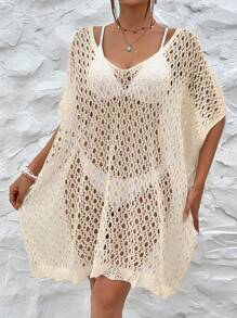 SHEIN Swim Women Solid Color Hollow Out V-Neck Batwing Short Sleeve Loose Cover-Up Dress For Vacation,Summer Beach - Apricot - View 3