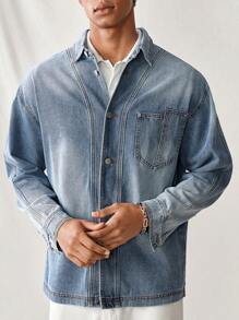 Manfinity Hypemode Camisa casual de mezclilla azul claro suelta para hombre, manga larga, para uso al aire libre en primavera
