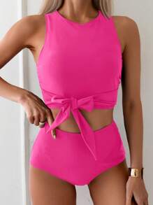 SHEIN Swim Summer Beach Women Solid Color Knot Front Tankini Top And Swim Bottom Set For Beach Vacation - Hot Pink - View 4