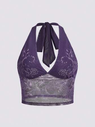 Top de tirantes ajustado para mujeres de talla grande con espalda descubierta, ribete de malla con flores y corbata en el cuello para el verano