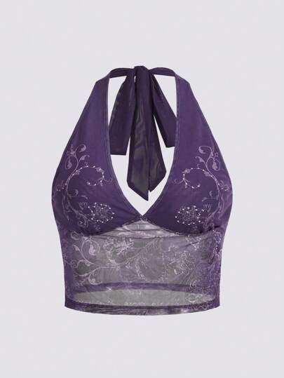 Top de tirantes ajustado para mujeres de talla grande con espalda descubierta, ribete de malla con flores y corbata en el cuello para el verano