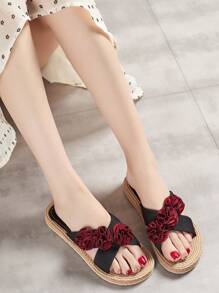 女士時尚平底涼鞋紅色花朵，一字型拖鞋，女式休閒夏季沙灘鞋 - 紅色 - 查看 4
