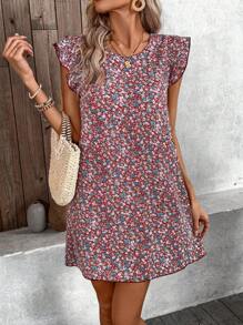 EMERY ROSE Women Fashionable Round Neck Cap Sleeve Mid-Length Dress