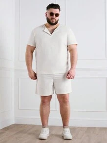 Manfinity Homme 男士大碼夏季純色短袖休閒T恤套裝與口袋短褲 - 杏色 - 查看 5