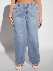 SHEIN SXY Plus Size Casual Loose Fit Straight Leg Jeans With Washed Finish