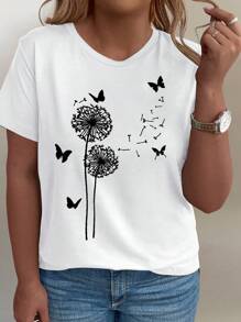 EMERY ROSE Women Summer Butterfly & Dandelion Printed V-Neck Short Sleeve Casual T-Shirt Graphic Tees Women Tops - White - View 1