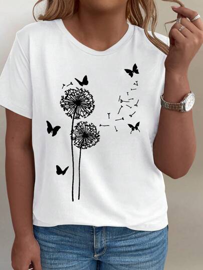 EMERY ROSE Women Summer Butterfly & Dandelion Printed V-Neck Short Sleeve Casual T-Shirt Graphic Tees Women Tops