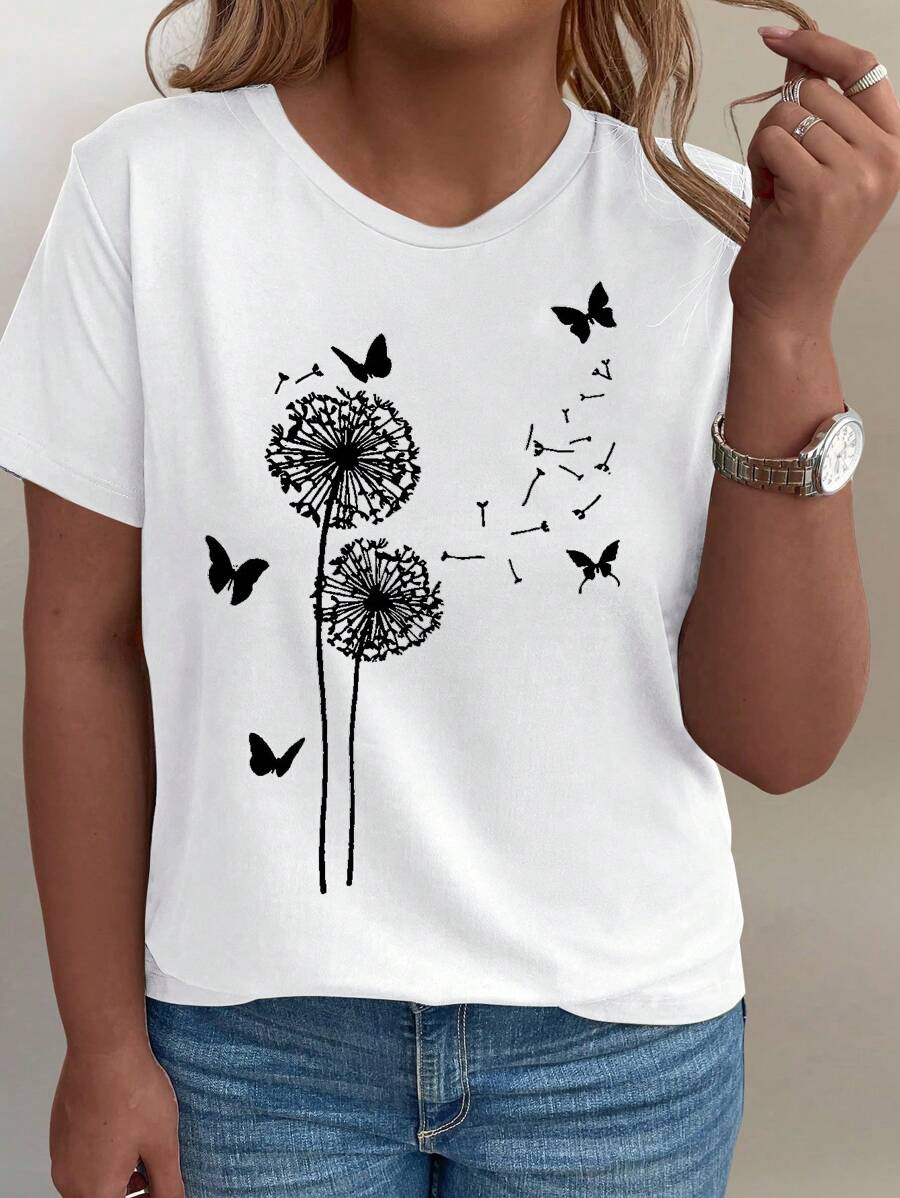 EMERY ROSE Women Summer Butterfly & Dandelion Printed V-Neck Short Sleeve Casual T-Shirt Graphic Tees Women Tops - White - View 1