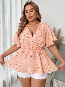 Franclia Plus Size Nữ Xuân/Hè Phong Cách Kỳ Nghỉ Nhiều Lớp In Hoa Cổ Chữ V Xù Tay Ngắn - Hồng - Xem 1