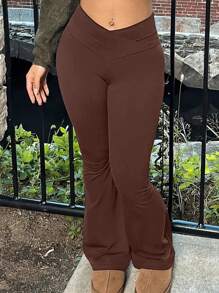 INAWLY Pantalones acampanados de moda femenina de ajuste ceñido y unicolor - Café integral - Ver 3