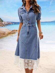 Breezaya Women Fashionable Bubble Sleeve Short-Sleeved Denim Dress For Spring And Summer Vacation Fall Cloth For Women - Light Wash - View 6