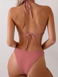 Swim SXY Women Summer Beach Vacation Solid Textured Halter Neck Bikini Set - Pink - View 2