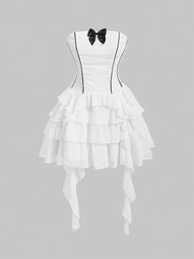 SHEIN MOD White Strapless Dress With Color-Contrasting Weave Ribbon Bowknot, Multi-Layer Hemline With Fluttering Ribbon Design, Short Style - White - View 1