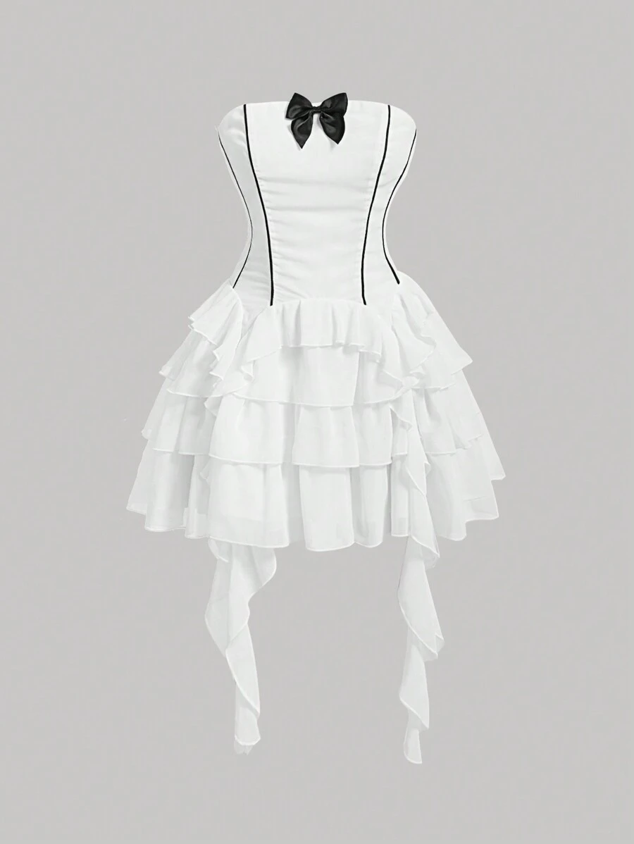SHEIN MOD White Strapless Dress With Color-Contrasting Weave Ribbon Bowknot, Multi-Layer Hemline With Fluttering Ribbon Design, Short Style - White - View 1