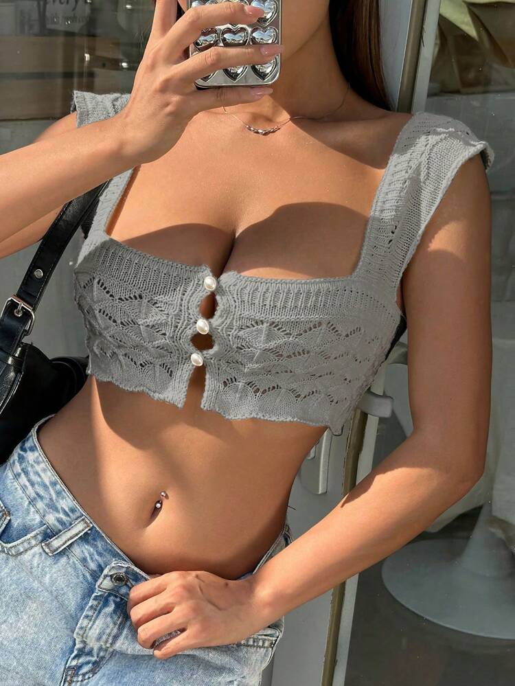 Women Short Knitted Top With Square Neckline And Fashionable Style