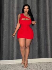 Slaydiva Plus Size Elegant And Casual Cutout One-Shoulder Bodycon Mini Dress With Ribbed Texture