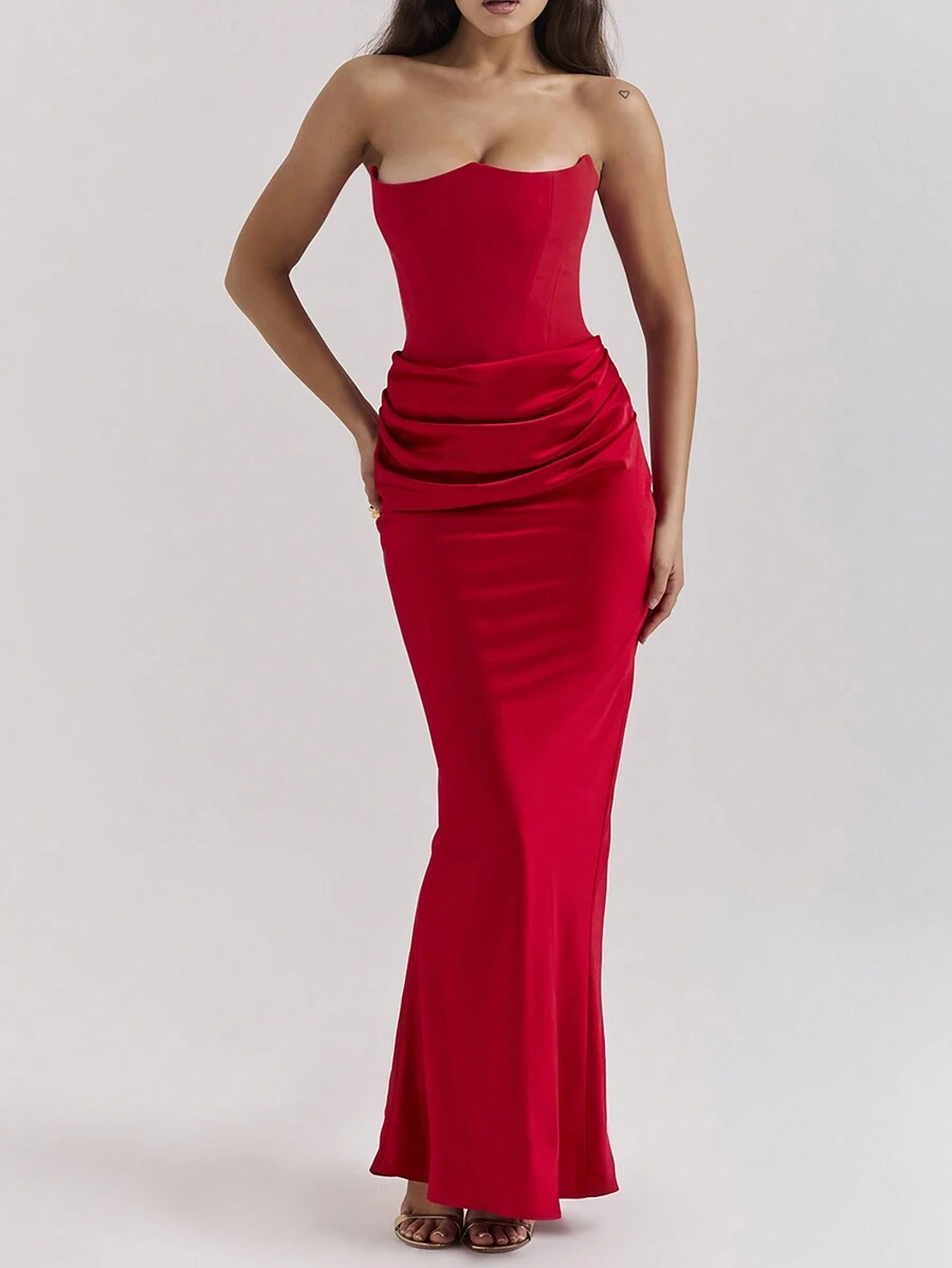 Women Solid Color Backless Party Valentine's Day Dress, Sexy Club Dresses For Spring & Summer, Bridesmaid Dress - Red - View 1