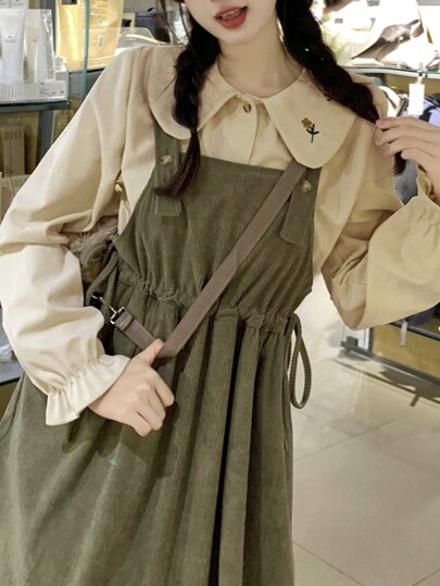 Casual Cute Sweet Peter Pan Collar Long Sleeve Embroidered Loose Button-Up Blouse (Dress Not Included)