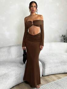 SHEIN BAE 夏季適用的女士純色露肩上衣和人魚皺邊裙套裝 - 咖啡棕 - 查看 1