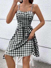 SHEIN VCAY Đầm dây spaghetti thắt lưng kẻ sọc đen trắng thời trang dành cho nữ - màu đen - Xem 3