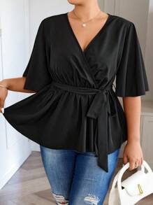 Calvaya 大尺碼女性夏季純色重疊V領設計荷葉邊短袖寬鬆休閒襯衫 - 黑色 - 查看 1