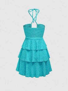 EMERY ROSE 女士纯色露背系腰荷叶边下摆优雅 A 字型连衣裙 Y2K 装度假装女士 - 水鴨藍 - 查看 2