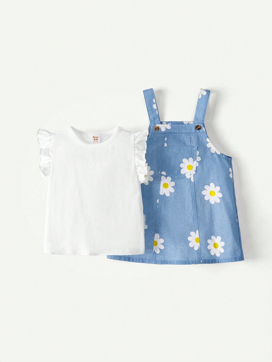 Cozy Pixies Baby Girl Solid Color Cap Sleeve Top And Daisy Patterned