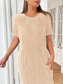 SHEIN EZwear 大尺碼女士時尚純色織物褶皺短袖連衣裙 - 杏色 - 查看 4