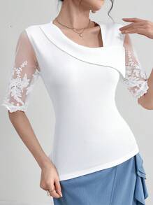 Modelyn Ladies' Asymmetric Neckline Contrast Mesh Summer T-Shirt Graphic Tees Women Tops
