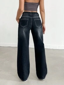 EURMUSE Button Fly Straight Leg Jeans - Black - View 2