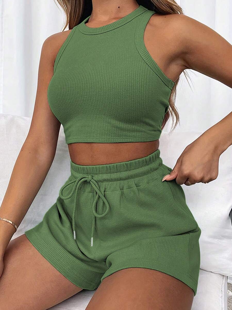 INAWLY Women's Summer Casual Solid Color Vest And Shorts Set - Army Green - View 1