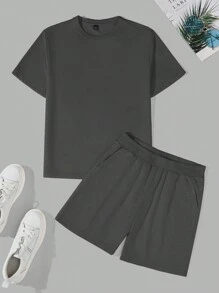 Manfinity Homme Men Summer Casual Solid Loose Short Sleeve Tee & Drawstring Waist Shorts - Dark Grey - View 6