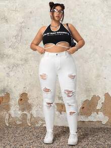 SHEIN ICON Plus Size Đau khổ Màu trơn Đơn giản Hàng ngày Tối giản Quần jean phù hợp - trắng - Xem 6