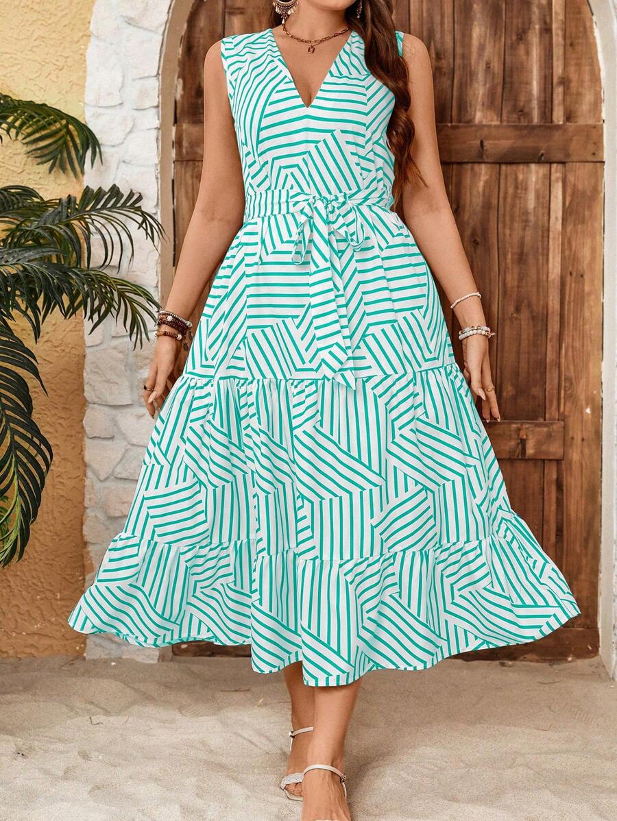 Calvaya 加大碼條紋印花V領腰帶休閒沙灘度假裙