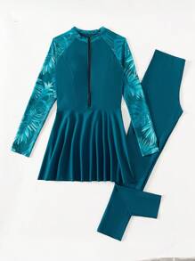 Swim Mulvari Women Summer Beach Contrast Plant Print Long Sleeve Top And Solid Pants Burkini Set Burkini Setteal Blue DressArabic Clothing