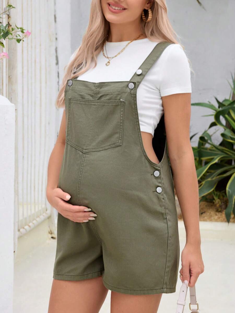 Combinaison short en jean décontractée et confortable pour la maternité en vert - Militaire verte - Voir 1