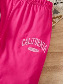 SHEIN Conjunto de 2 piezas informal de verano para niña preadolescente con camiseta de manga corta y pantalones cortos con estampado de letras y cuello redondo - Rosa Fucsia - Ver 6