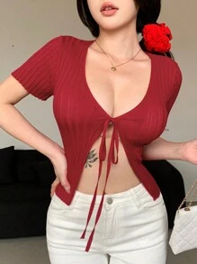 DAZY Áo cardigan ngắn tay màu trơn thường ngày cho nữ mùa hè - Đỏ - Xem 3