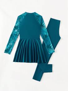 Swim Mulvari Women Summer Beach Contrast Plant Print Long Sleeve Top And Solid Pants Burkini Set Burkini Setteal Blue DressArabic Clothing