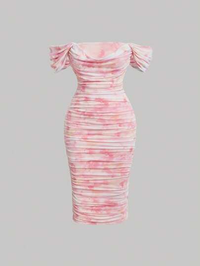 SHEIN MOD Vestido de noche plisado con un solo hombro y estampado floral degradado en rosa para mujer de talla grande, para una cita, fiesta o evento formal en verano