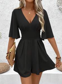 Chiquease Women's Summer V-Neck Solid Color Short Romper With Flare Sleeves And Elastic Waist