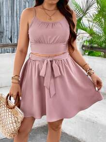 SHEIN Clasi Plus Size Solid Color Tank Top And Skirt Two-Piece Set, Suitable For Summer - Pink - View 3