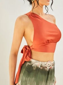 SHEIN Unity One Shoulder Tie Side Crop Top - Red - View 6
