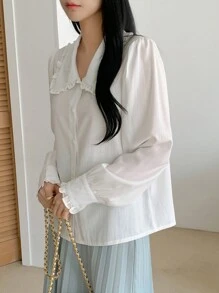 DAZY Peter Pan Collar Loose Fit Open Front Long Sleeve Women Shirt,Long Sleeve Tops Summer