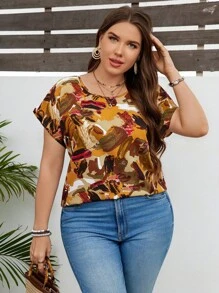 SHEIN VCAY Plus Size Women Fashionable Colorful Printed Short Sleeve Shirt