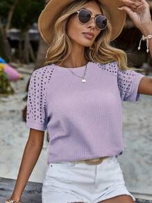 SHEIN LUNE 素色網眼刺繡插肩袖T恤 - 淡紫色 - 查看 5